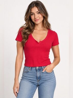 Perfectly Imperfect Red Ribbed Notched V-Neck Short Sleeve‎ Top S211 Medium